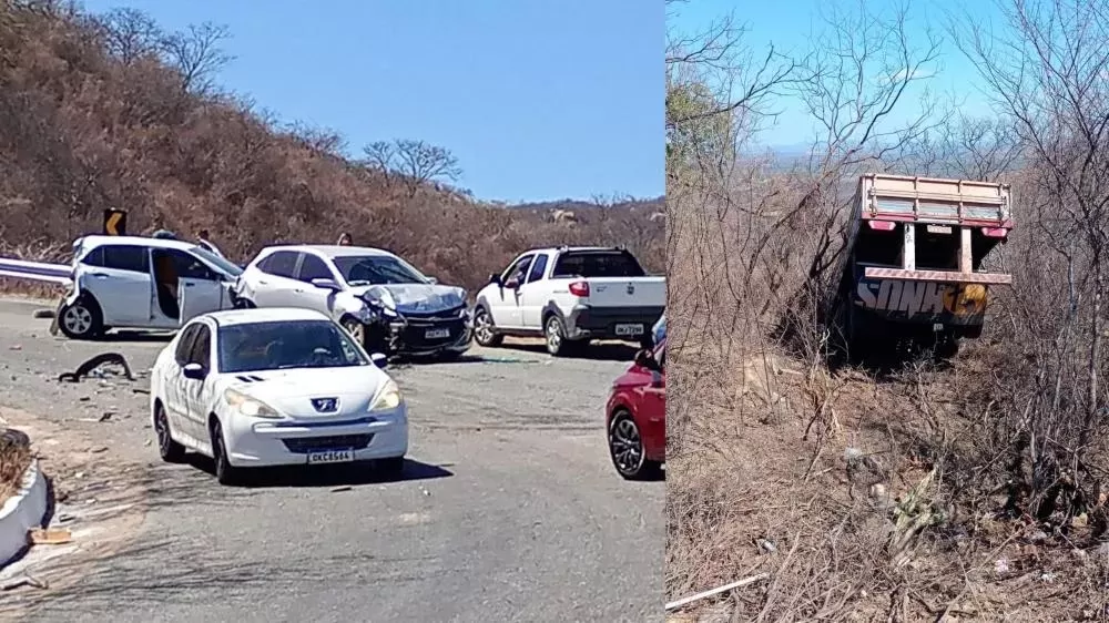 Grave acidente envolvendo caminhão e três veículos de passeio é registrado no deste sábado (30), na Serra do Teixeira