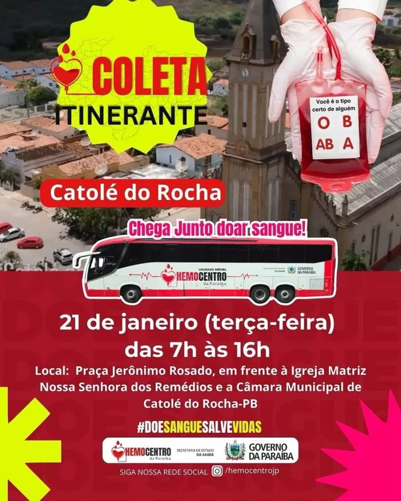 Hemocentro da Paraíba realizará Coleta de Sangue itinerante no próximo dia 21, em Catolé do Rocha