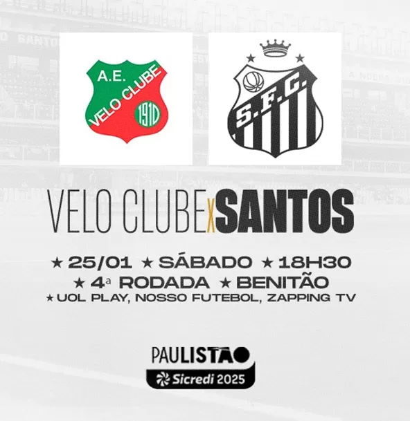 Santos enfrenta o Velo Clube fora de casa neste sábado (25), na 4ª rodada do Paulistão