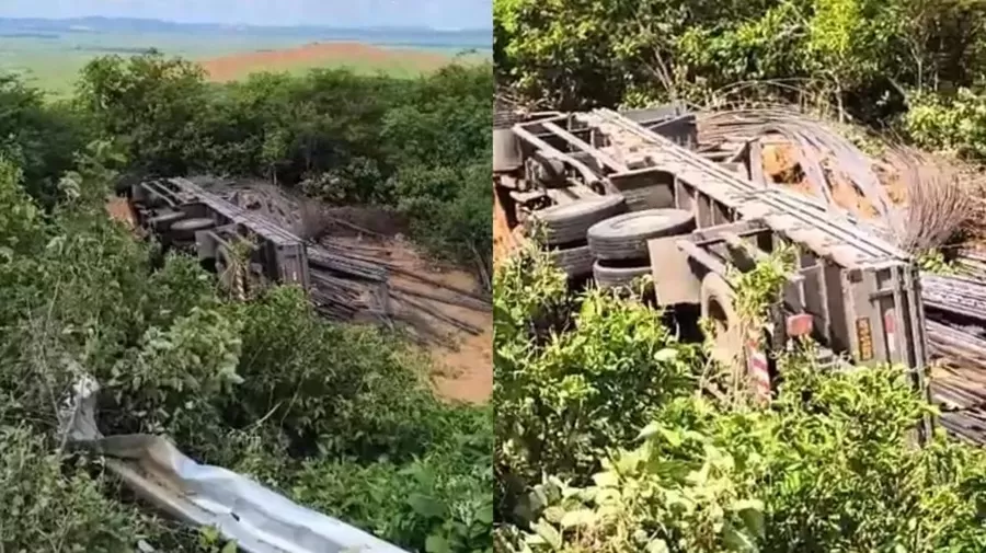 Caminhão carregado com ferros tomba nesta terça (11), na Serra do Teixeira