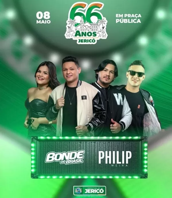 Bonde do Brasil e Philipe Meira serão as atrações da Festa do Aniverssário de Jericó 66 Anos