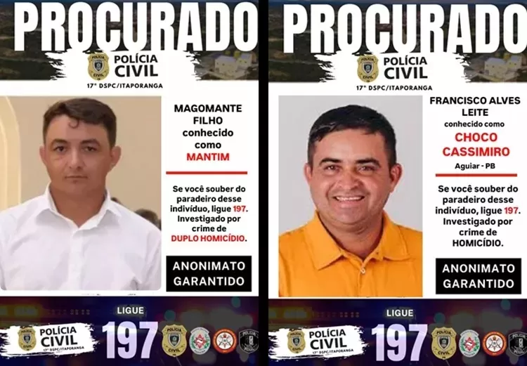 Polícia Civil divulga fotos de dois foragidos acusados de homicídios, no Sertão da Paraíba; vereador é um dos procurados