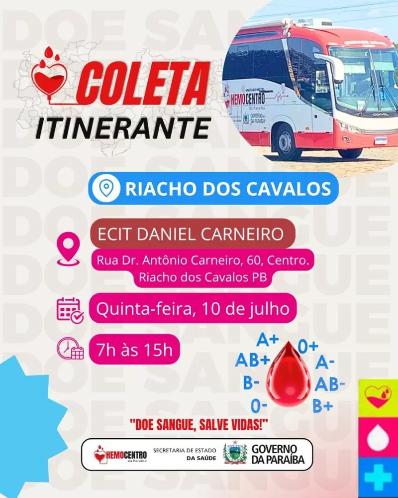 Hemocentro da Paraíba realiza nesta quinta-feira (10) Coleta Itinerante na Escola Estadual Daniel Carneiro