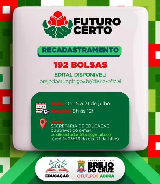 Prefeitura de Brejo do Cruz abre inscrições para o Programa futuro certo - projeto bolsa de estudos
