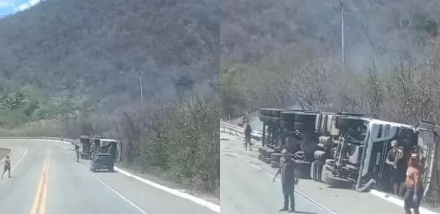 Carreta carregada com bloco de granito tomba na BR-230, na Serra de Santa Luzia