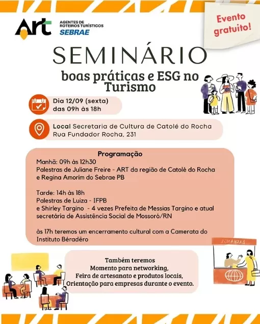 SEBRAE-PB realizar, sexta-feira (12/09), o Seminário “Boas Práticas e ESG no Turismo”, em Catolé do Rocha 