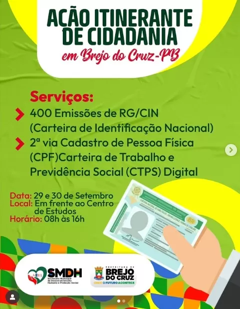 Ação Itinerante de Cidadania acontece nesta segunda (29) e amanhã (30), na cidade de Brejo do Cruz