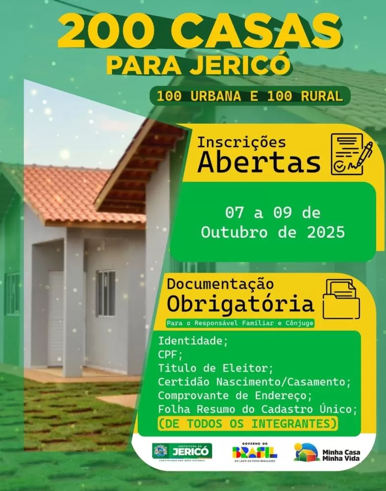 Prefeitura de Jericó inicia inscrições para cadastro habitacional que vão contemplar 200 casas no município