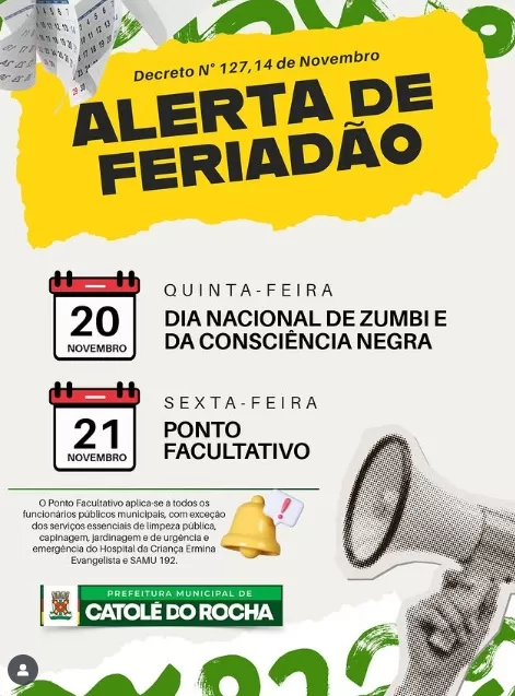 Prefeitura de Catolé do Rocha decretou Ponto Facultativo para os servidores municipais, nesta sexta (21)