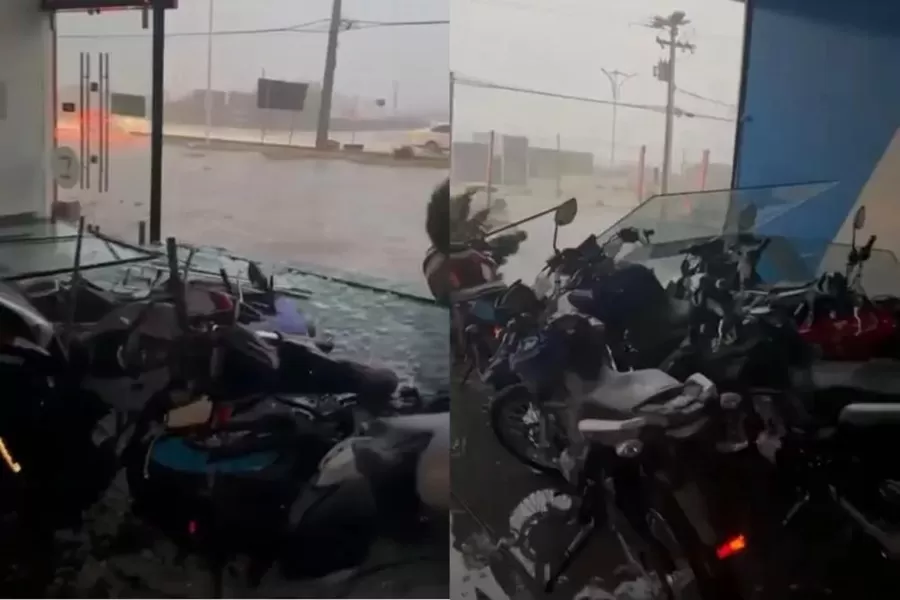 Chuva com raios em Patos, no Sertão da Paraíba, causa desabamento de teto e postes quebrados