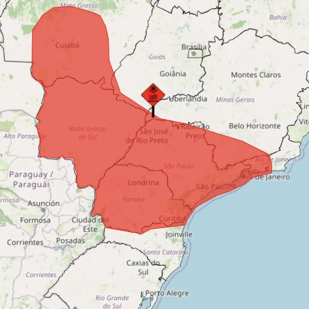 Mapa do Inmet mostra a região onde vale o alerta vermelho para a primeira onda de calor da primavera, com temperaturas pelo menos 5°C mais altas que a média do mês - Inmet
