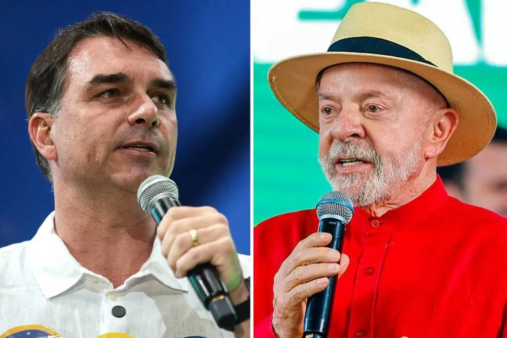 O senador Flávio Bolsonaro e o presidente Lula, em montagem de fotos - Tita Barros - 22.ago.26 e Ricardo Stuckert - 4.set.26/Reuters